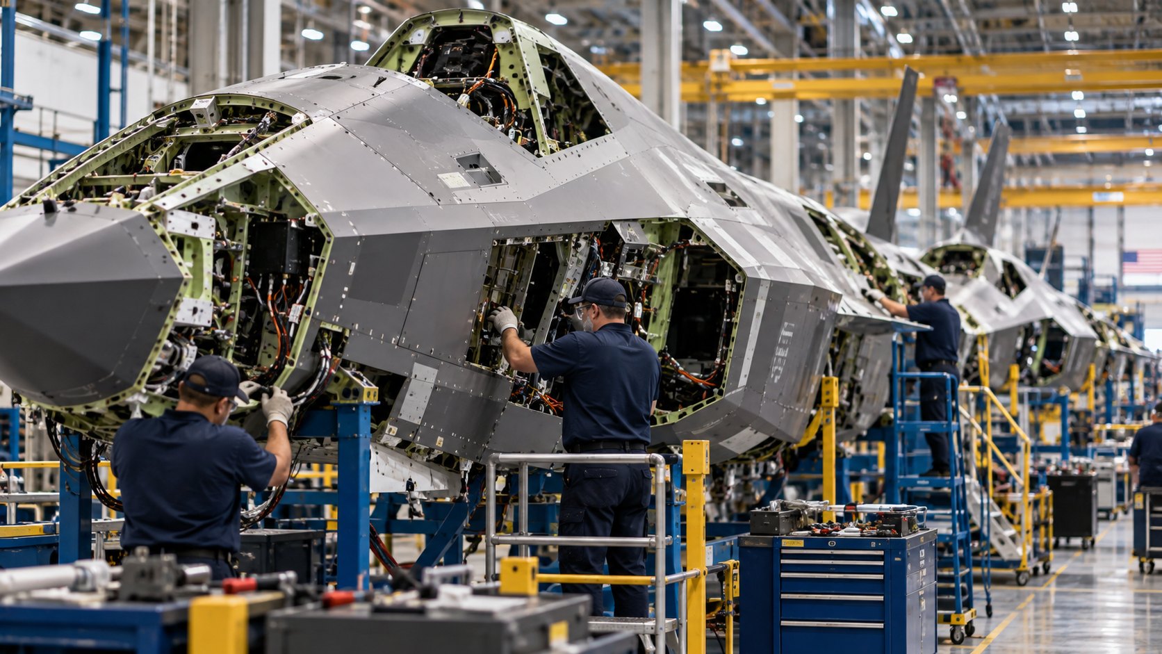 Ilustración editorial generada con IA: operarios con guantes y uniforme trabajan sobre secciones de fuselaje de cazas furtivos montadas en soportes dentro de una nave industrial; composición conceptual, no es una fotografía de una planta real de Lockheed Martin ni de sus proveedores.