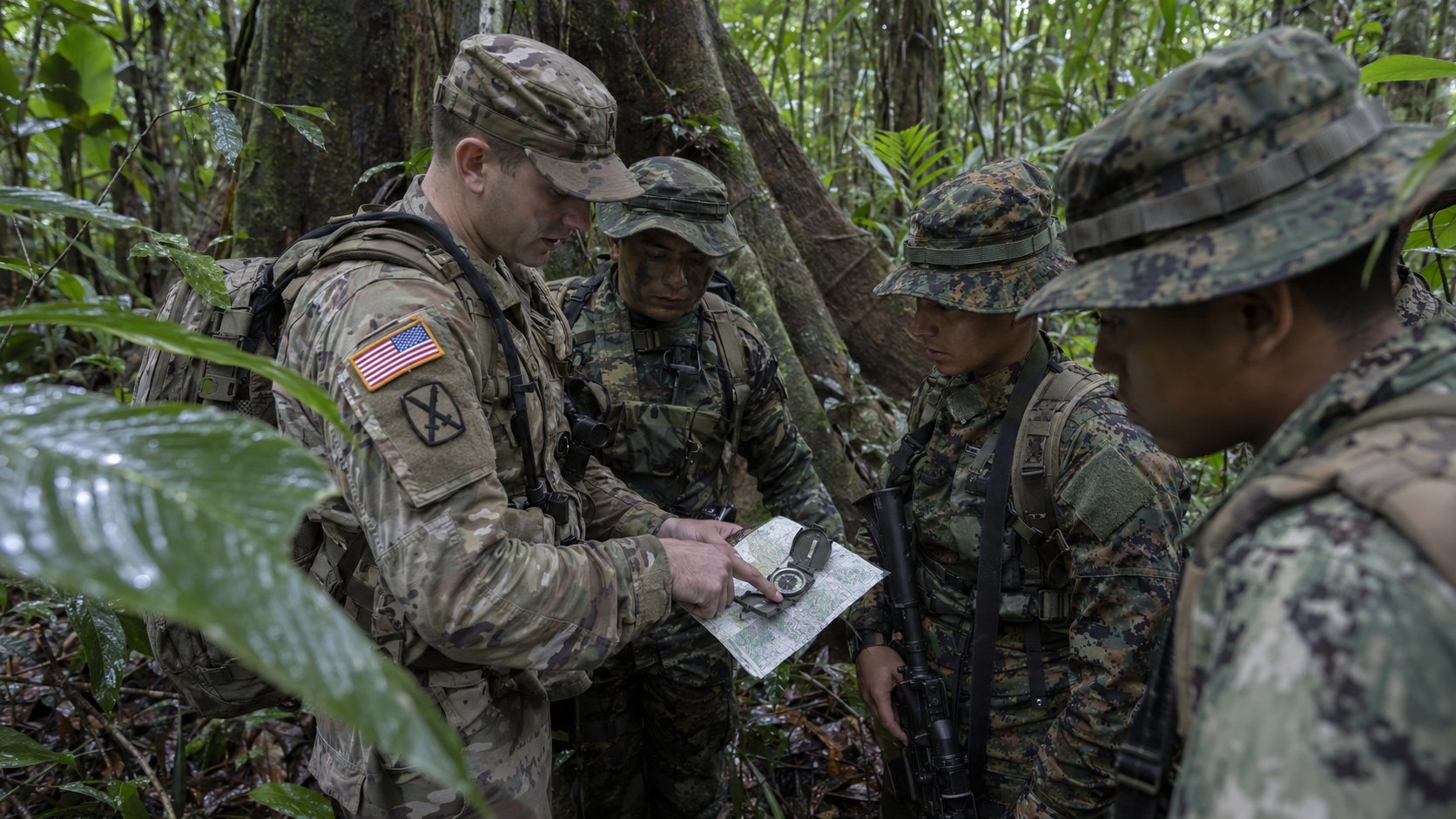 Ilustración editorial generada con IA: en la selva, un instructor del Ejército de EE.UU. con el parche de la 10.ª División de Montaña muestra un mapa y una brújula a soldados latinoamericanos con uniformes de camuflaje selvático; composición representativa, no es una fotografía de un entrenamiento real en Panamá, Colombia u Honduras.