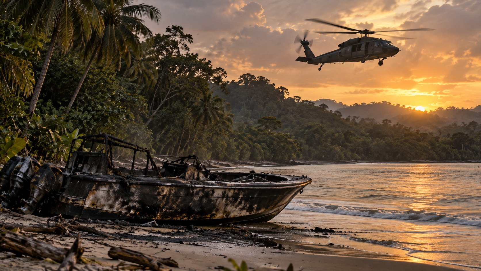 Ilustración editorial generada con IA: una lancha rápida quemada y abandonada en una playa caribeña junto a la selva, al atardecer, mientras un helicóptero militar Black Hawk sobrevuela la costa hacia el interior; composición representativa, no es una fotografía de un operativo real.