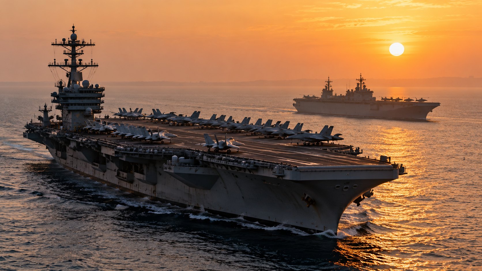 Ilustración editorial generada con IA: un portaaviones de la Armada de EE.UU. con cazas en la cubierta navega al amanecer en aguas del golfo, con un buque anfibio a distancia; composición representativa, no es una fotografía del despliegue real.