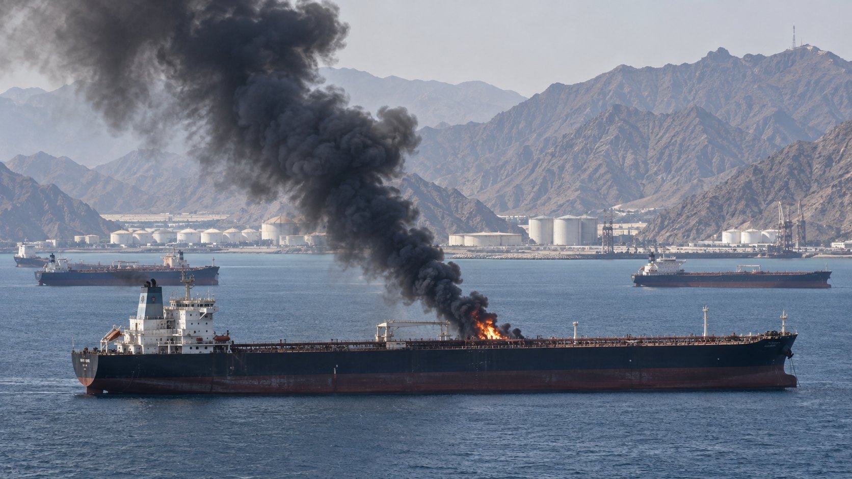 Ilustración editorial generada con IA: un petrolero fondeado frente a una costa montañosa con tanques de almacenamiento, con una columna de humo negro por un incendio a bordo y otros buques a la distancia; composición conceptual que evoca Fujairah, no es una fotografía del Dhalgout.