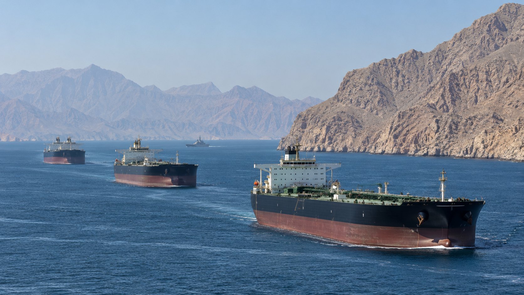 Ilustración editorial generada con IA: una fila de grandes petroleros navega por el estrecho de Ormuz al mediodía, con la costa árida y montañosa de Musandam al fondo; composición conceptual, no es una fotografía de un tránsito real.