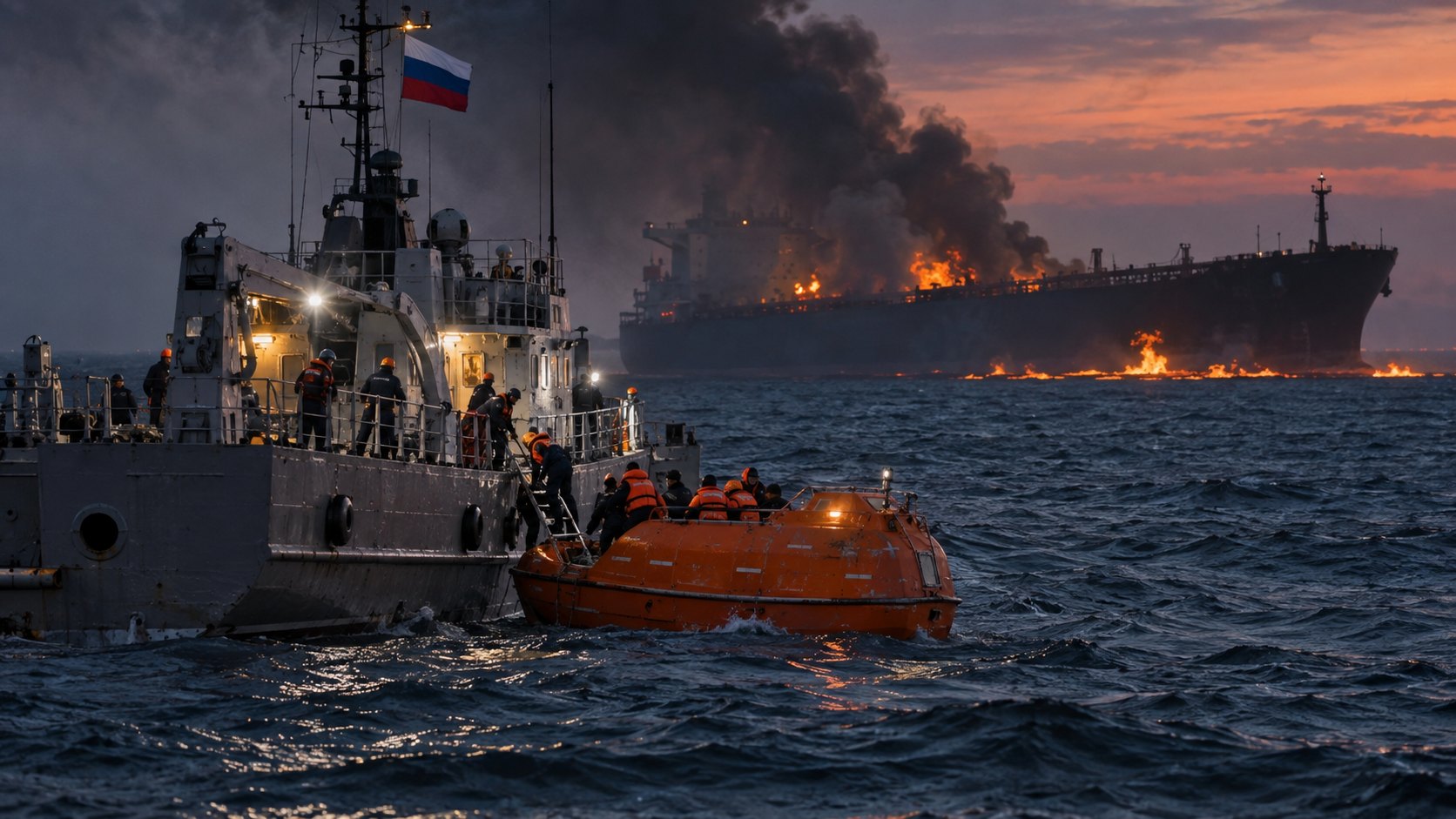 Ilustración editorial generada con IA: un buque de salvamento ruso con bandera de Rusia se acerca a un bote salvavidas naranja con marinos de espaldas, mientras al fondo el petrolero arde bajo una columna de humo negro en el mar Negro al anochecer; composición conceptual, no es una fotografía del rescate.
