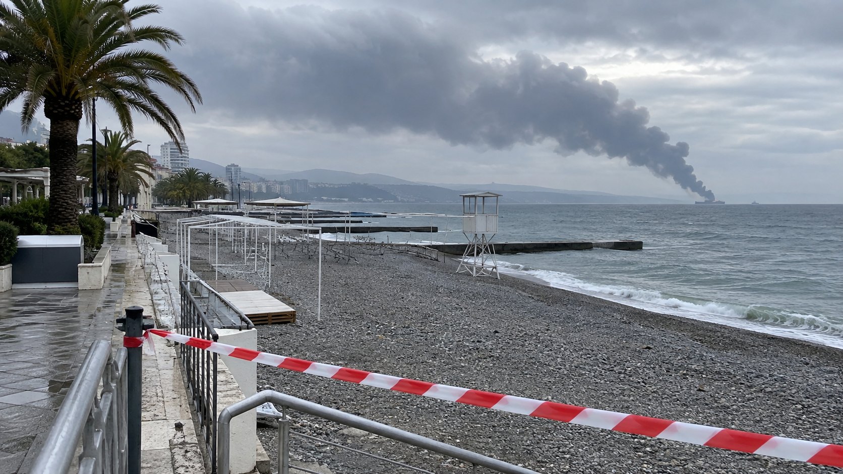 Ilustración editorial generada con IA: una playa de piedras de Sochi vacía y cerrada con cinta de restricción, con palmeras y la costanera sin gente, y en el horizonte del mar Negro una columna de humo negro del petrolero en llamas; composición conceptual, no es una fotografía del hecho.