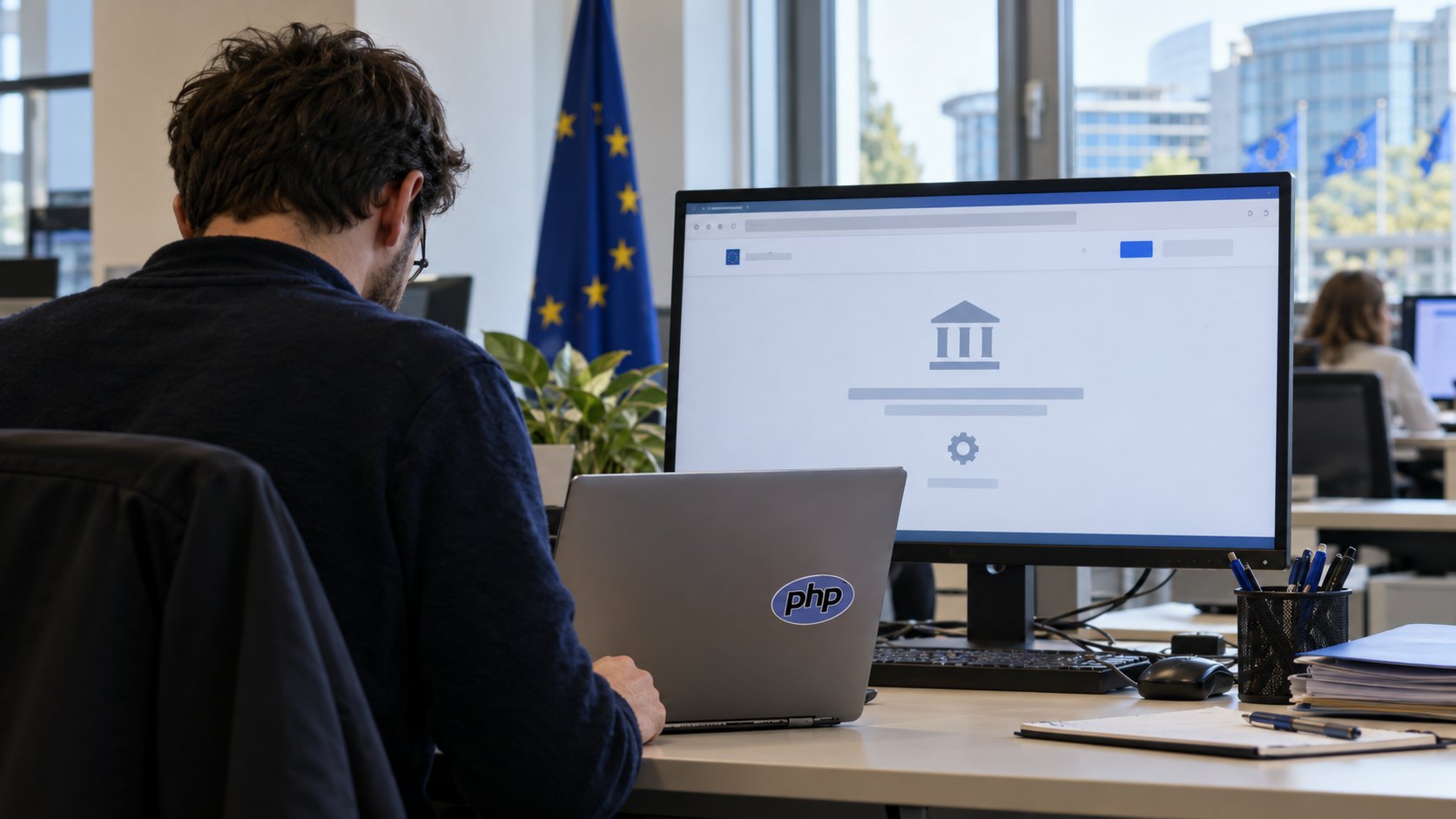 Ilustración editorial generada con IA: un técnico trabaja en una laptop con una pegatina del logo de PHP frente a un monitor que muestra un sitio institucional fuera de servicio, en una oficina pública con banderas de la Unión Europea; composición conceptual, no es una fotografía de un organismo real.