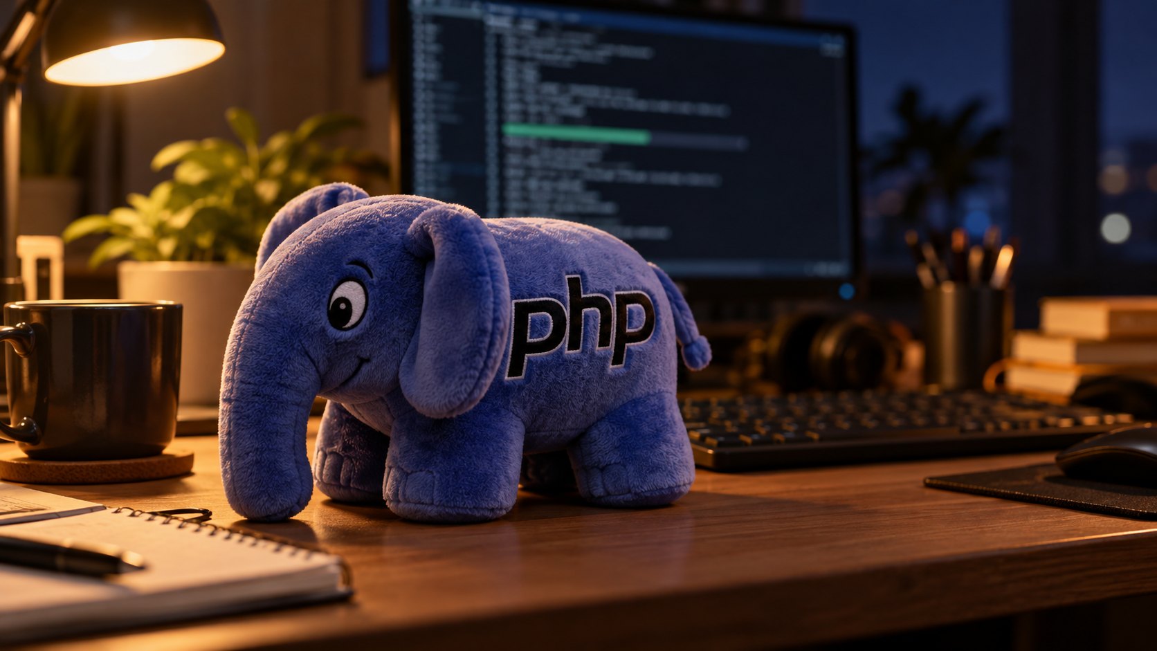 Ilustración editorial generada con IA: el elePHPant, el elefante de peluche azul que es la mascota de PHP, sobre el escritorio de un desarrollador de noche, junto a un monitor con una terminal; composición conceptual, no es una fotografía de un hecho real.