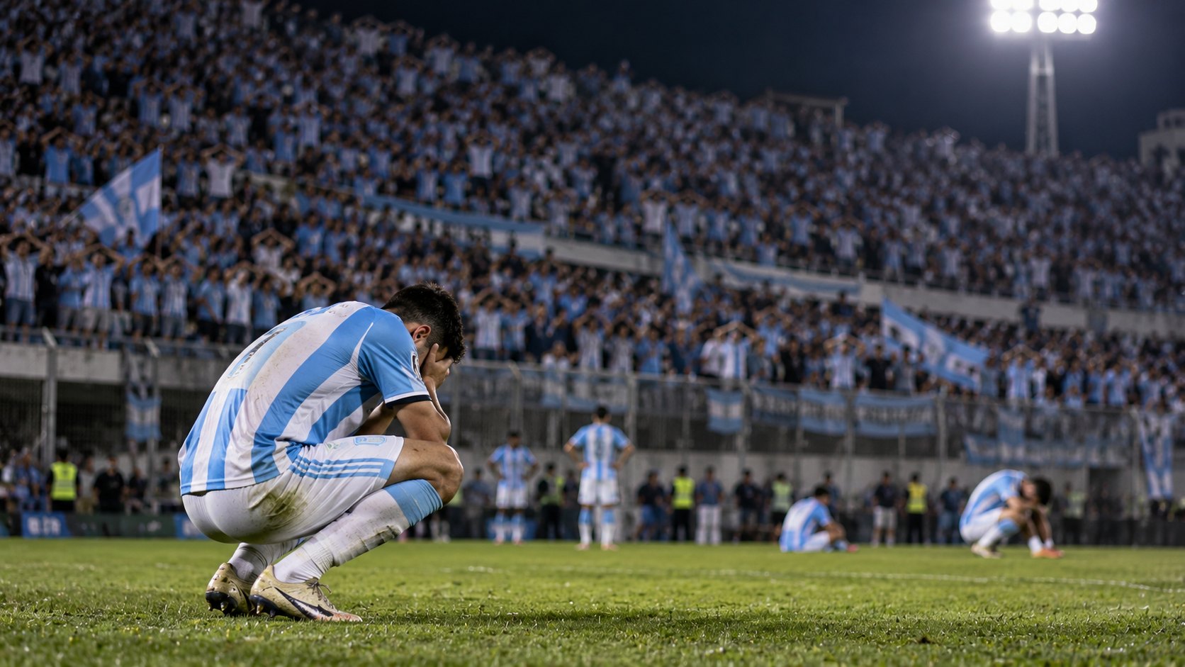 Ilustración editorial generada con IA: un jugador de Atlético Tucumán con camiseta a bastones celestes y blancos, agachado en el césped con las manos en la cara, frente a una tribuna de hinchas tucumanos en silencio bajo los reflectores; composición conceptual, no es una fotografía del partido.