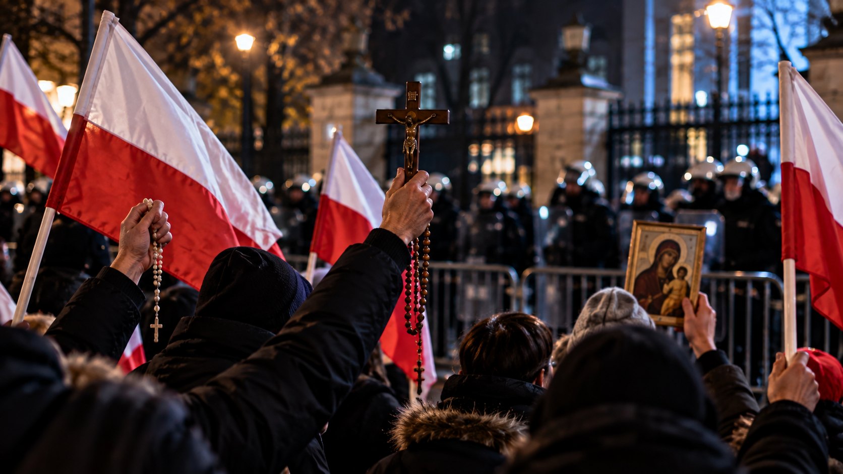 Ilustración editorial generada con IA: manifestantes de espaldas con banderas polacas y rosarios frente a un edificio público custodiado por la policía en Varsovia; no es una fotografía de la protesta.