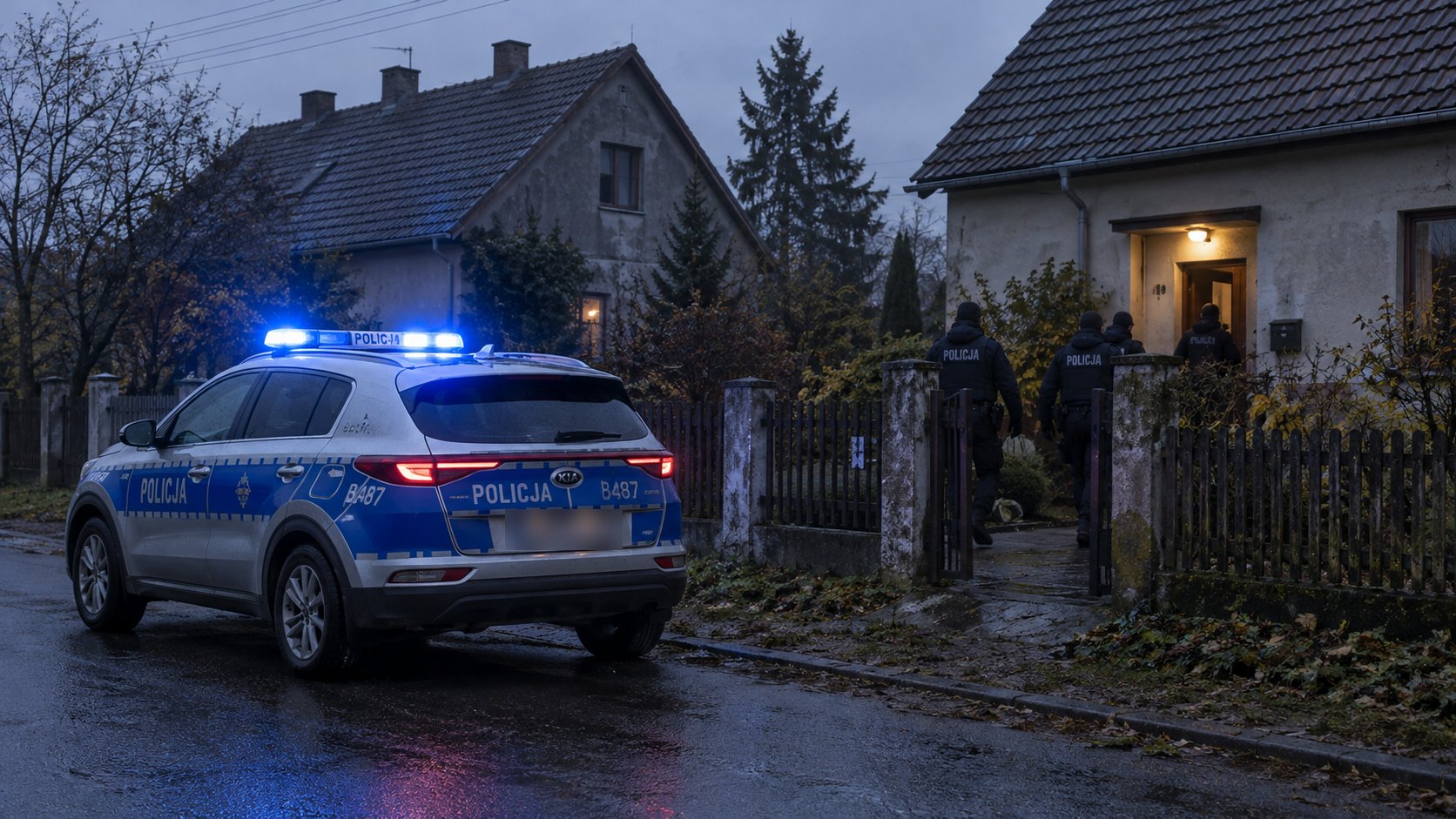 Ilustración editorial generada con IA: un patrullero de la policía polaca con las balizas encendidas frente a una casa de pueblo al amanecer, mientras agentes de espaldas entran por el portón; composición conceptual, no es una fotografía del operativo ni del lugar de la detención.