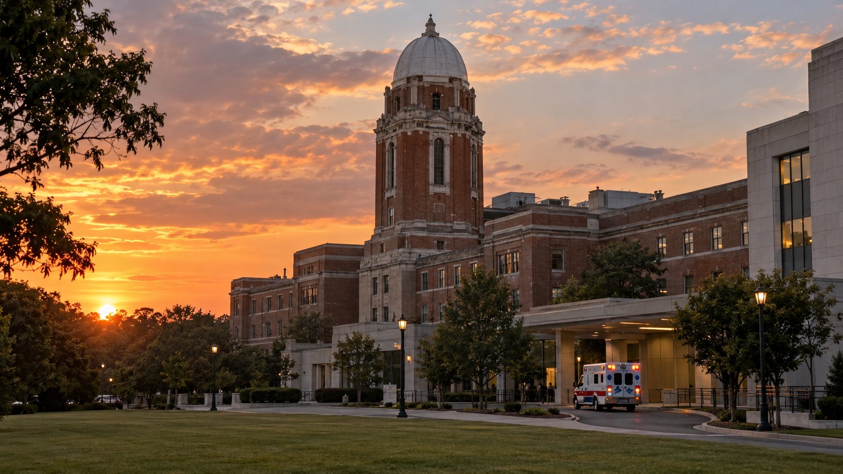 Ilustración editorial generada con IA: la torre de ladrillo con cúpula blanca del Centro Médico Militar Nacional Walter Reed, en Bethesda (Maryland), al atardecer, con una ambulancia en el acceso; composición conceptual, no es una fotografía del traslado de un herido.