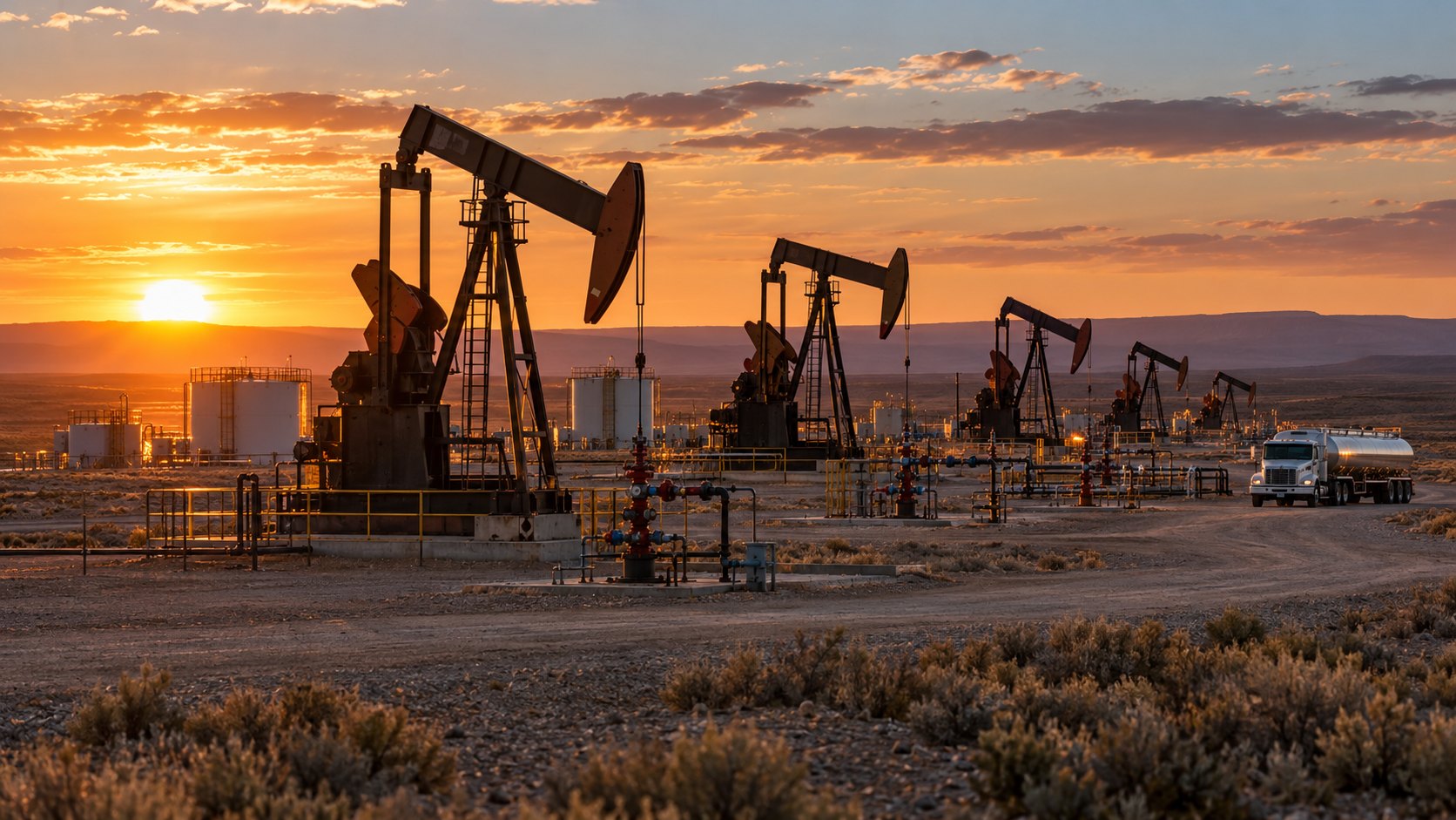 Ilustración editorial generada con IA: una hilera de aparatos de bombeo de petróleo y cabezales de pozo en la estepa neuquina al atardecer, con tanques de almacenamiento y un camión cisterna en un camino de ripio; composición conceptual, no es una fotografía de un yacimiento real.