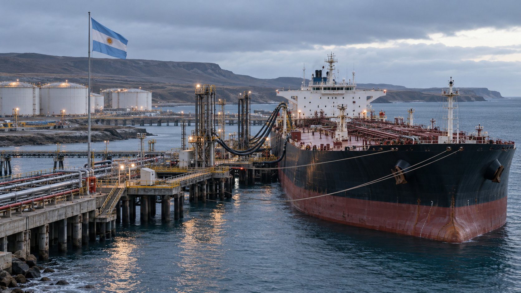 Ilustración editorial generada con IA: un buque petrolero amarrado a un muelle de carga en la costa atlántica patagónica, con brazos de carga, tanques de almacenamiento en tierra y una bandera argentina en el muelle; composición conceptual, no es una fotografía de una terminal real.