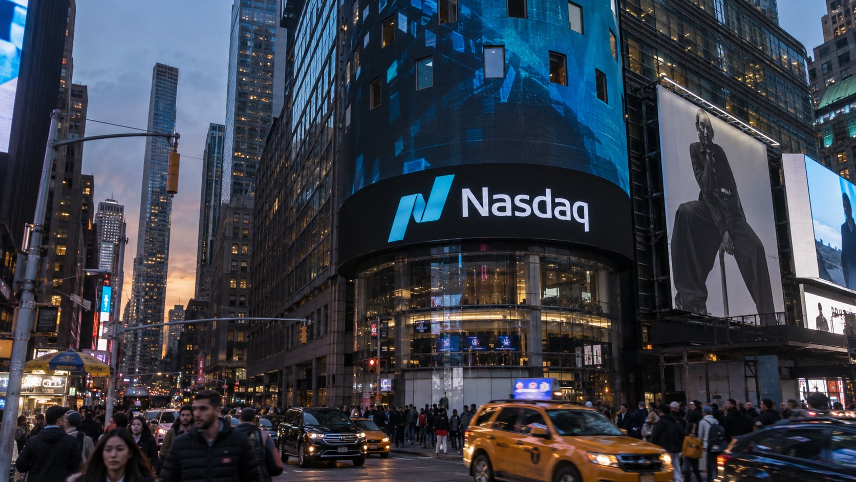 Ilustración editorial generada con IA: la fachada cilíndrica del Nasdaq MarketSite en Times Square, Nueva York, al atardecer, con tránsito y peatones; imagen representativa, no es una fotografía del día del anuncio.
