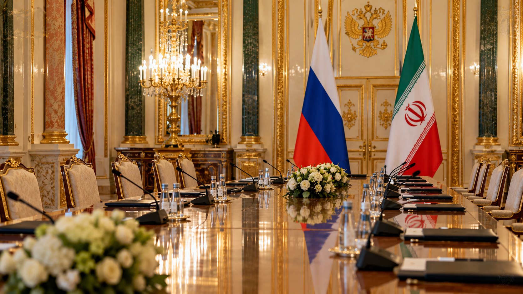 Ilustración editorial generada con IA: un salón de negociaciones del Kremlin con una mesa larga y las banderas de Rusia e Irán; composición representativa, no es una fotografía de la reunión entre Putin y Pezeshkian.