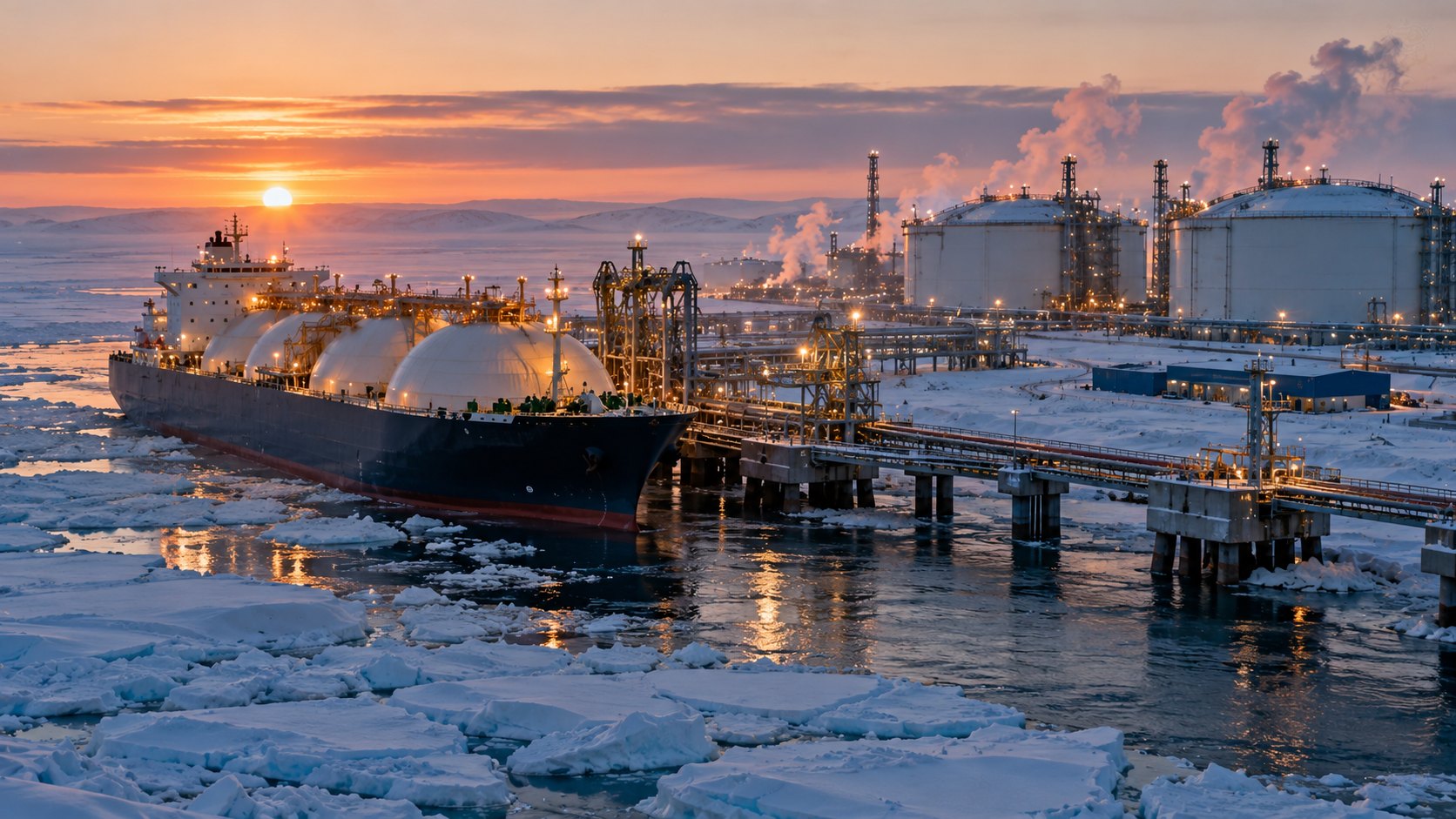 Ilustración editorial generada con IA: un buque metanero carga gas natural licuado en una terminal del Ártico ruso rodeada de hielo; composición representativa, no muestra un proyecto concreto con empresas estadounidenses.