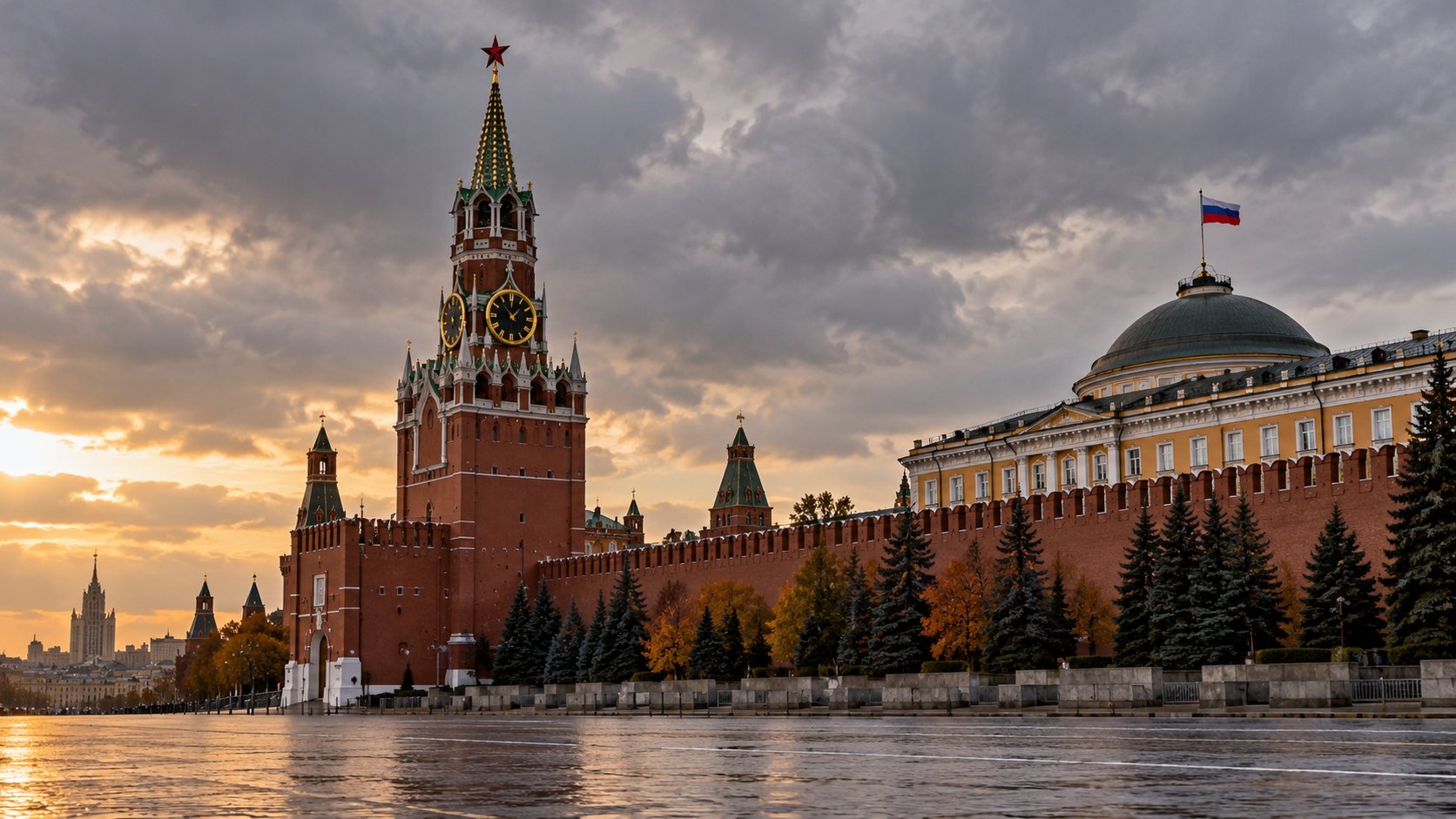 Ilustración editorial generada con IA: la torre Spasskaya del Kremlin de Moscú con la bandera rusa, en una tarde nublada de otoño; composición conceptual, no es una fotografía de un hecho real.