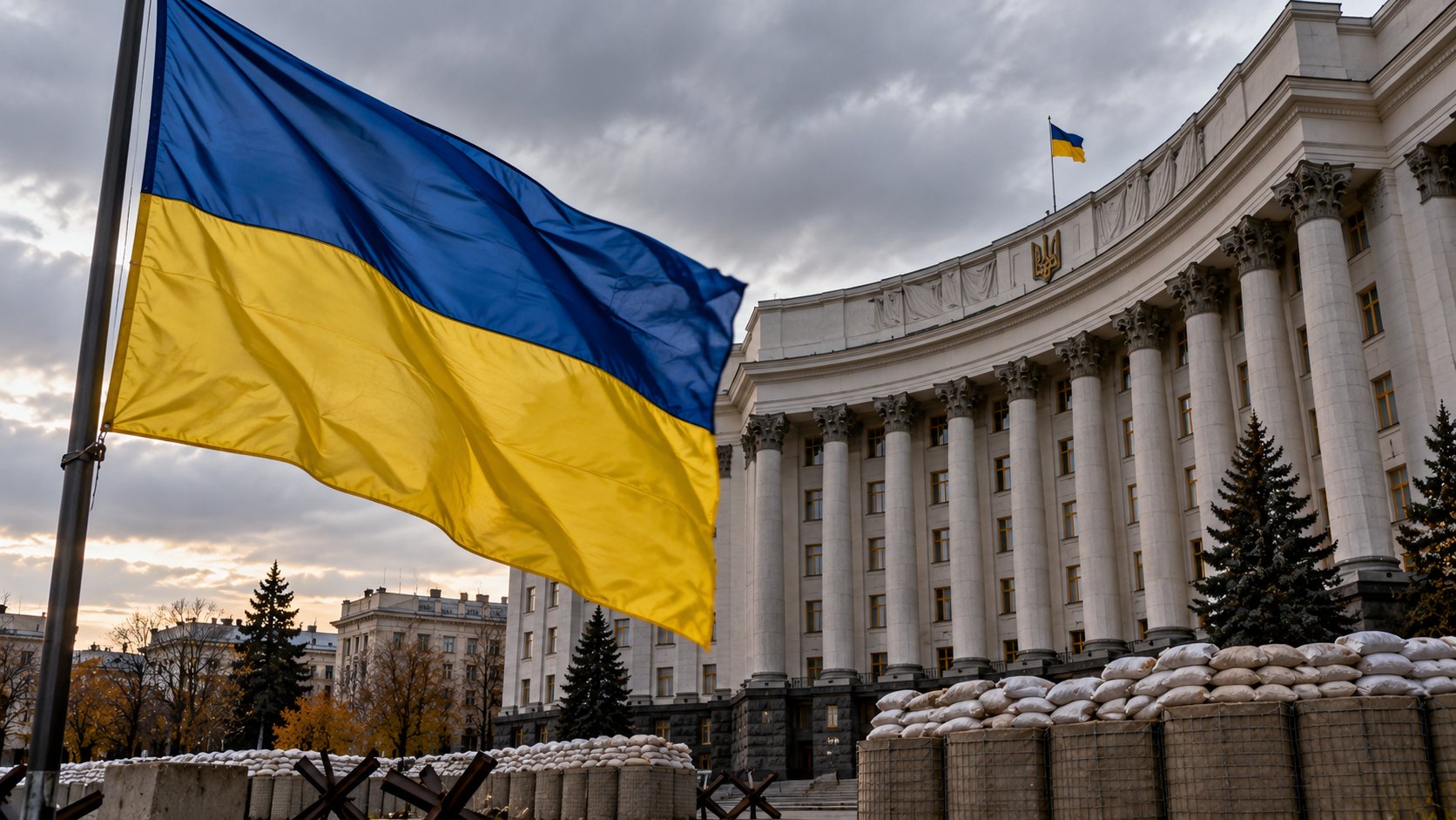 Ilustración editorial generada con IA: la bandera de Ucrania flamea frente a un edificio gubernamental de Kiev de columnas neoclásicas, protegido con bolsas de arena y obstáculos antitanque; composición conceptual, no es una fotografía de un hecho real.