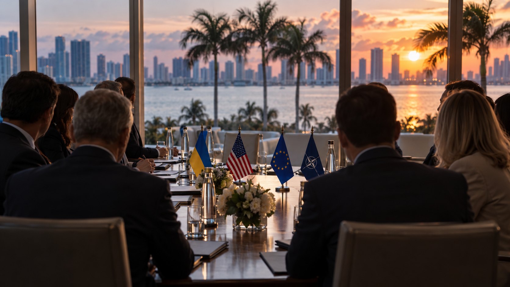 Ilustración editorial generada con IA: delegados de traje, vistos de espaldas, en una mesa de negociación con banderas de Ucrania, Estados Unidos, la Unión Europea y la OTAN, frente a un ventanal con palmeras y la bahía de Miami al atardecer; composición conceptual, no es una fotografía de la reunión.