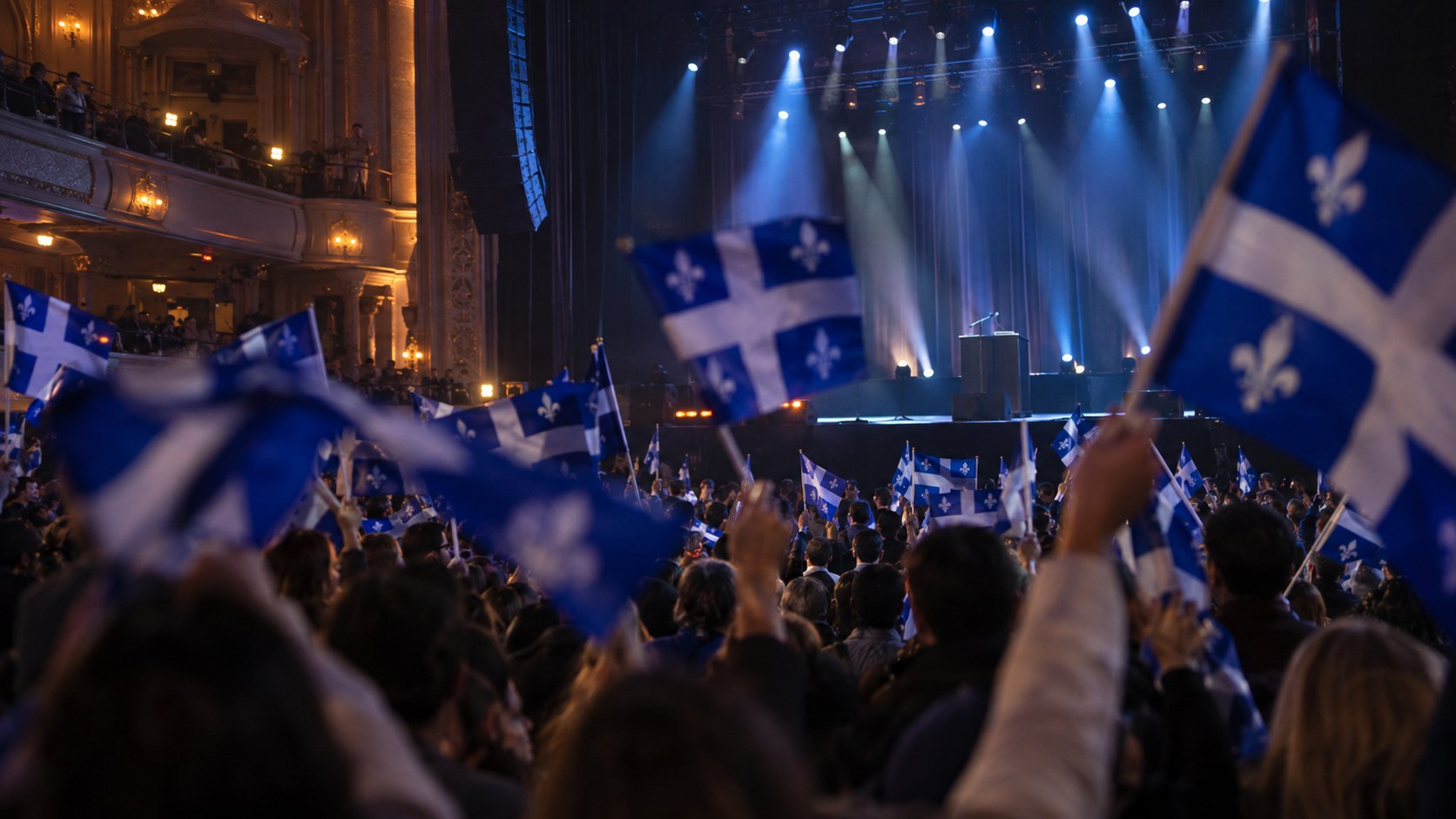 Ilustración editorial generada con IA: militantes de espaldas agitan banderas de Quebec en una sala de espectáculos iluminada de Montreal, frente a un escenario vacío; composición conceptual, no es una fotografía del acto del Parti Québécois.