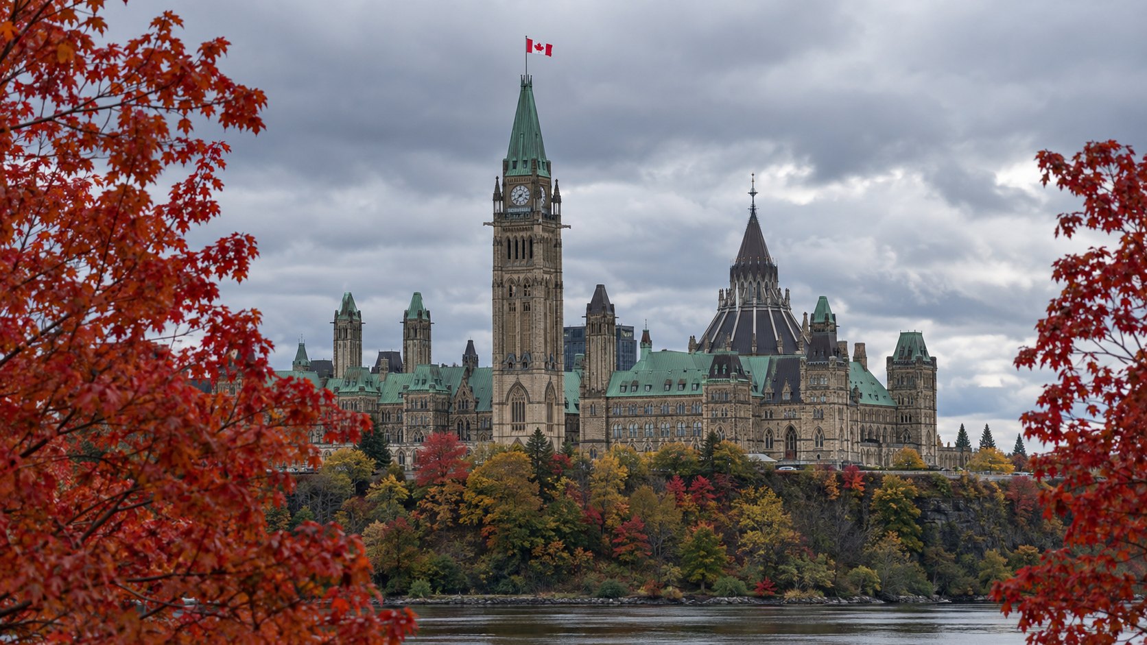 Ilustración editorial generada con IA: el Parlamento de Canadá en Ottawa, con la Torre de la Paz y la bandera canadiense, bajo un cielo de otoño; composición conceptual, no es una fotografía tomada tras la elección.