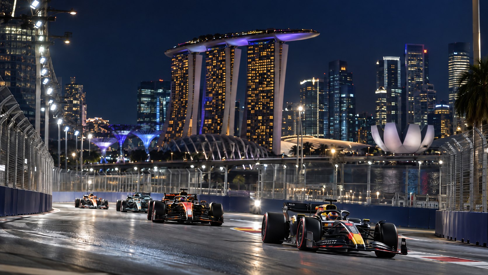 Ilustración editorial generada con IA: monoplazas de Fórmula 1 en el circuito urbano nocturno de Marina Bay, con los rascacielos de Singapur iluminados al fondo; no es una fotografía de la carrera.