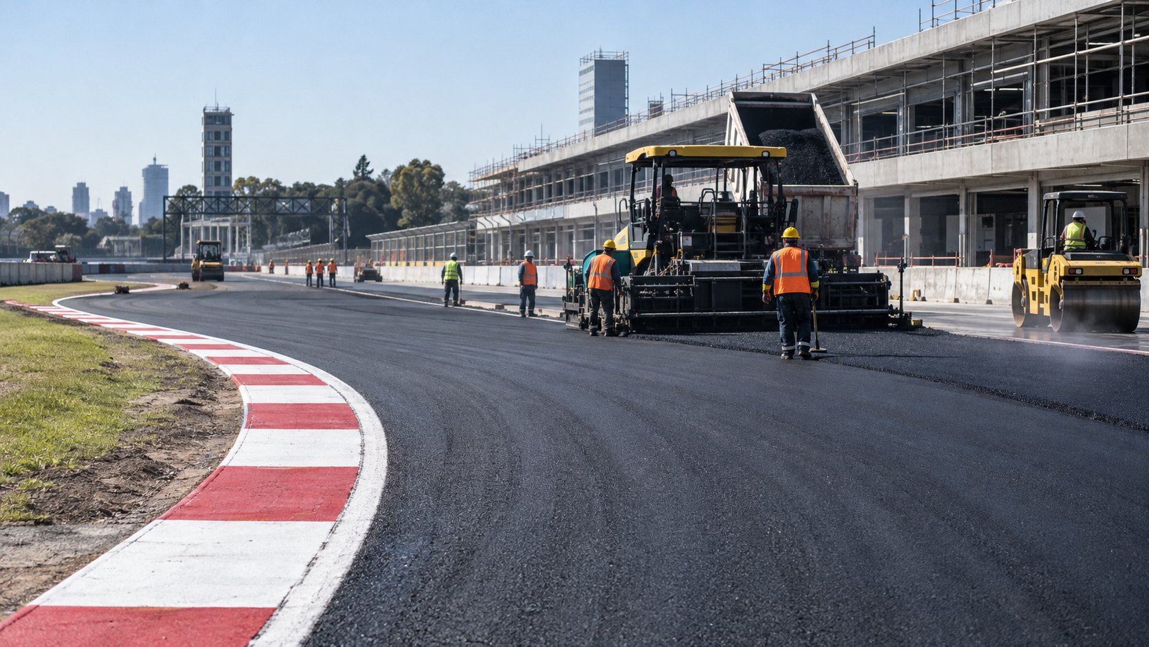 Ilustración editorial generada con IA: obreros de espaldas y máquinas viales trabajan en una curva de un autódromo en remodelación, con pianos rojos y blancos nuevos; no es una fotografía de las obras del Autódromo de Buenos Aires.