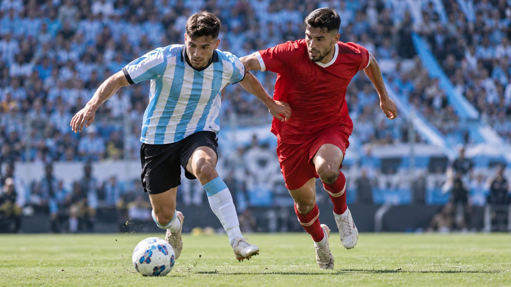 Ilustración editorial generada con IA: de día, un futbolista con camiseta a bastones celestes y blancos y otro con camiseta roja disputan la pelota en carrera, con la tribuna celeste y blanca desenfocada al fondo; no es una fotografía del partido ni representa a jugadores reales.