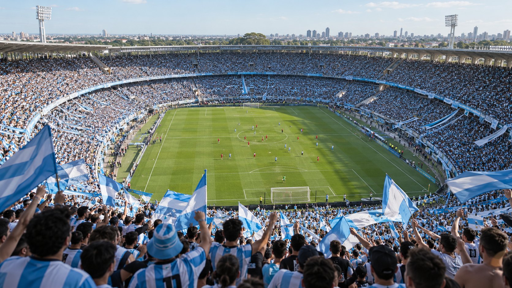 Ilustración editorial generada con IA: vista amplia desde lo alto de la tribuna de un estadio circular colmado de hinchas con camisetas y banderas celestes y blancas, con el campo de juego abajo; no es una fotografía documental ni representa a personas reales.