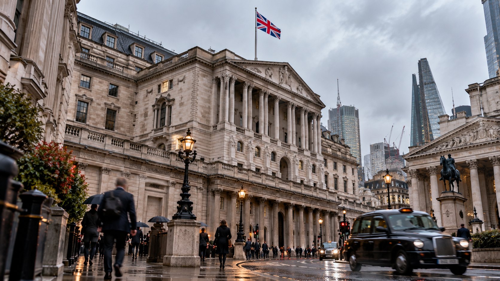 Ilustración editorial generada con IA: la fachada del Banco de Inglaterra en Threadneedle Street, Londres, con la bandera británica en el techo, peatones y un taxi negro en una mañana nublada; composición conceptual, no es una fotografía de un hecho real.