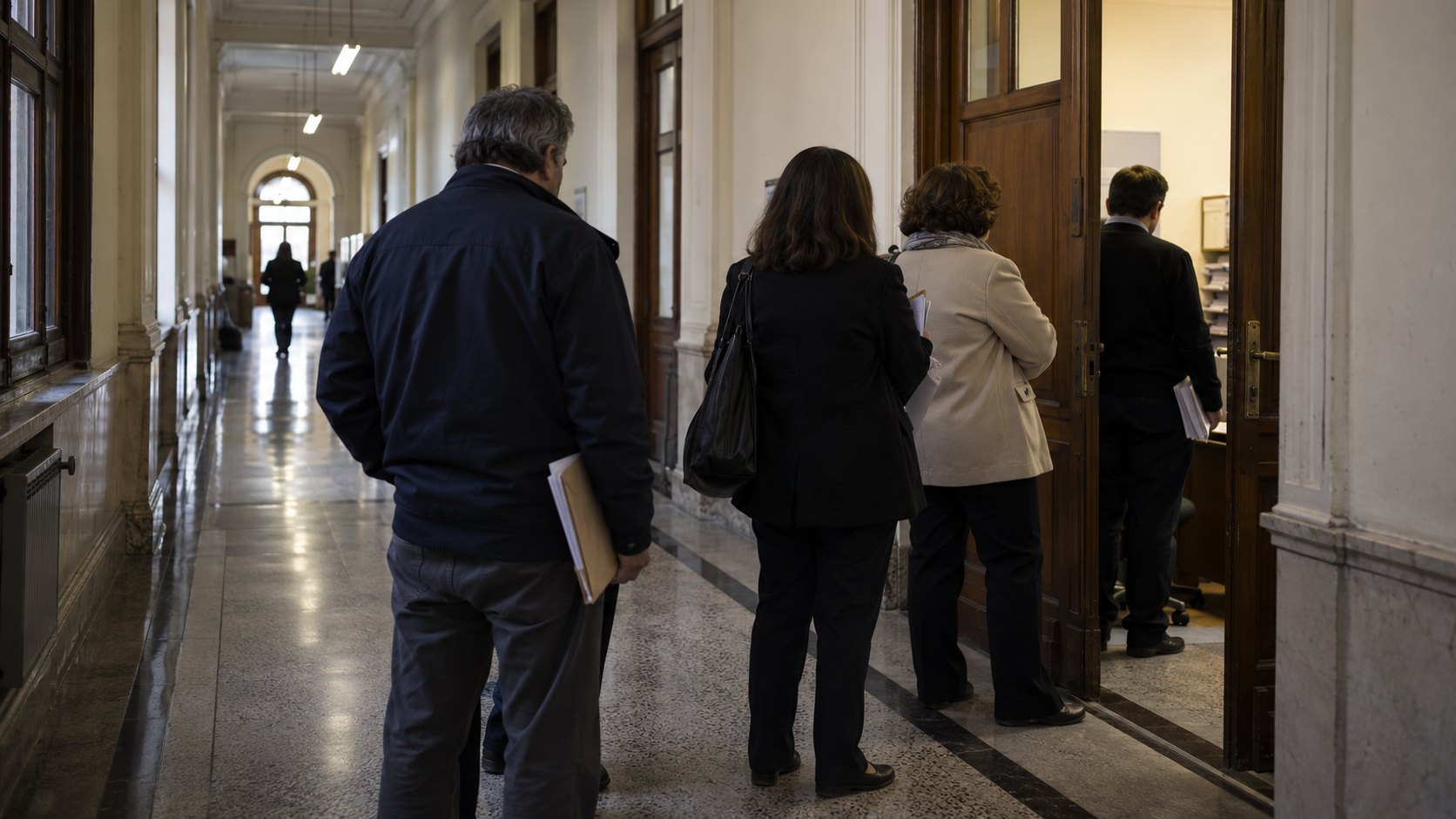Ilustración editorial generada con IA: empleados públicos de espaldas en el pasillo de un ministerio, frente a la puerta de una oficina de personal; composición conceptual, no es una fotografía de un organismo real.