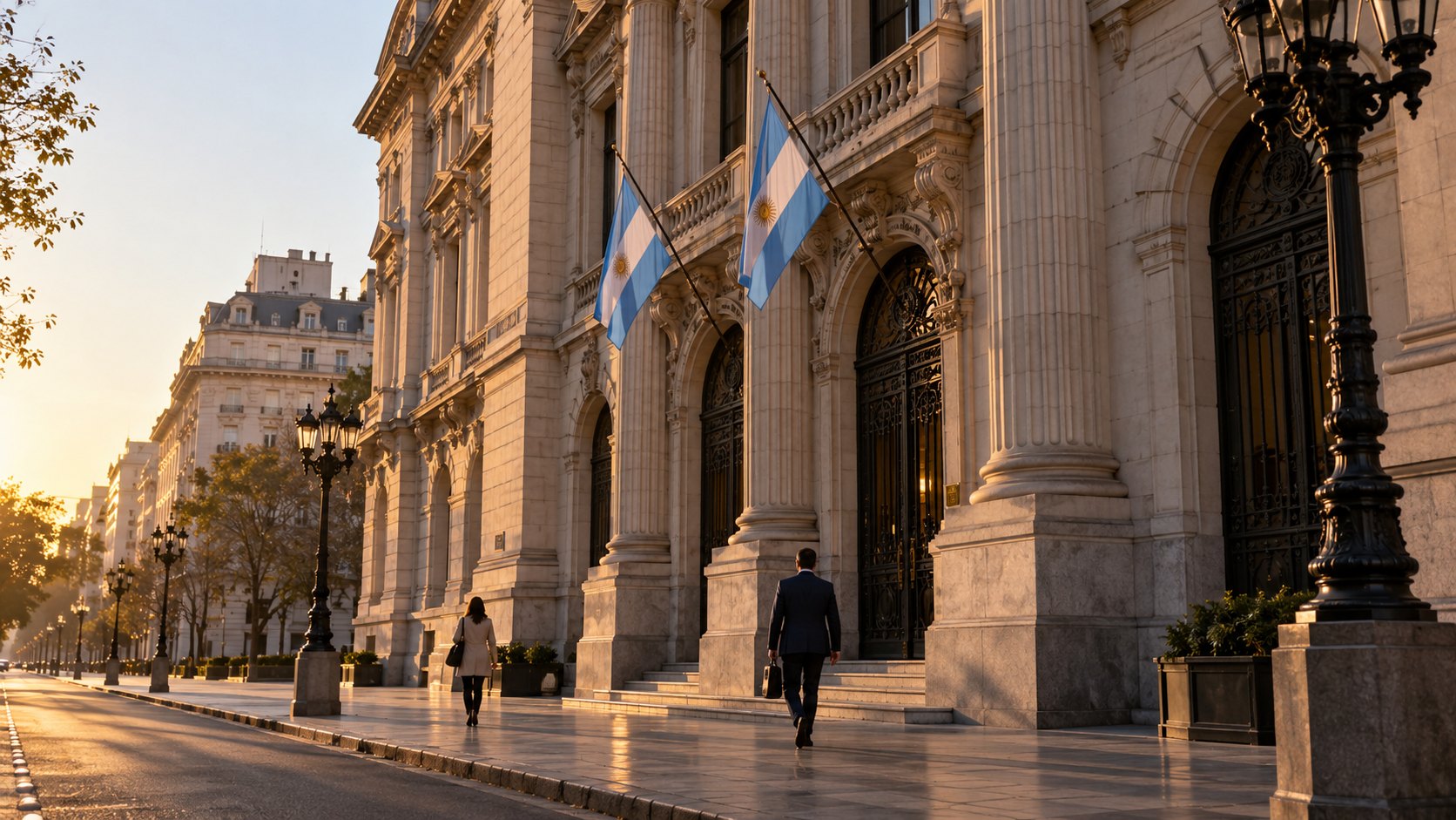 Ilustración editorial generada con IA: fachada de un edificio ministerial del centro porteño al amanecer, con banderas argentinas en sus mástiles; composición conceptual, no es una fotografía de un edificio identificado.