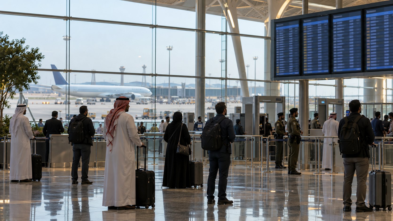 Ilustración editorial generada con IA: pasajeros con valijas, algunos con thobe blanco y ghutra, miran las pantallas de vuelos en la terminal de un aeropuerto saudí moderno junto a un control custodiado por personal de seguridad, con un avión al otro lado de los ventanales; composición conceptual, no es una fotografía del aeropuerto Rey Khalid.
