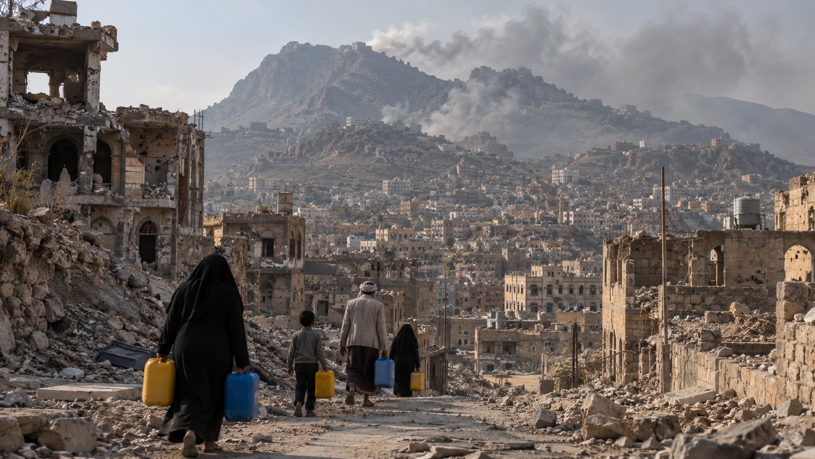 Ilustración editorial generada con IA: civiles yemeníes de espaldas cargan bidones de agua entre edificios de piedra destruidos en una ciudad de montaña, con humo sobre las laderas de un cerro que domina la ciudad; composición conceptual, no es una fotografía de Taiz ni de Jabal Sabr.