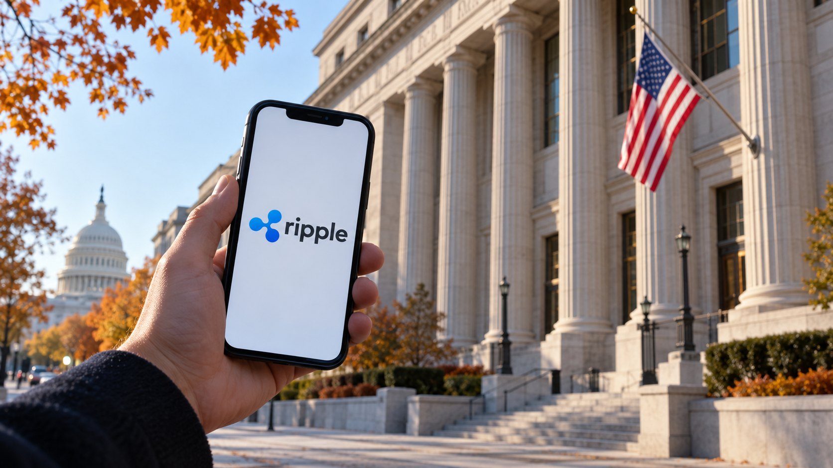 Ilustración editorial generada con IA: una mano sostiene un celular con el logo de Ripple frente a un edificio federal de columnas con una bandera de Estados Unidos en Washington, con la cúpula del Capitolio al fondo y árboles de otoño; composición conceptual, no es una fotografía de la sede de la OCC.