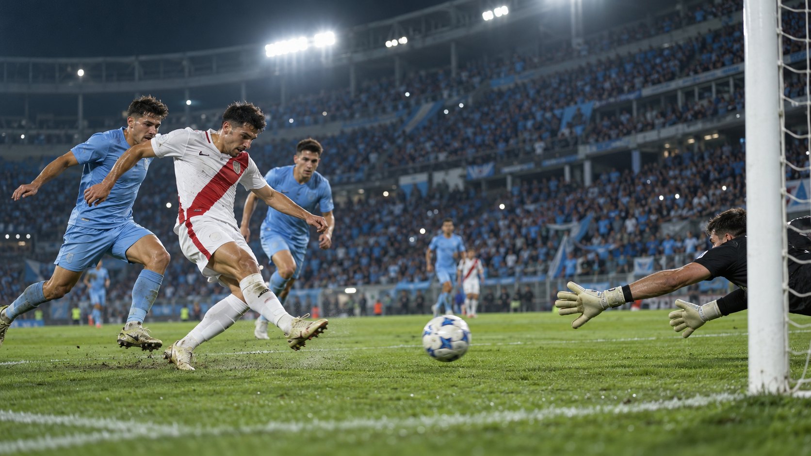 Ilustración editorial generada con IA: de noche, dentro del área, un futbolista con camiseta blanca y banda roja diagonal remata entre dos defensores de camiseta celeste mientras el arquero se estira junto al palo, con la tribuna celeste de fondo; no es una fotografía del partido ni representa a jugadores reales.