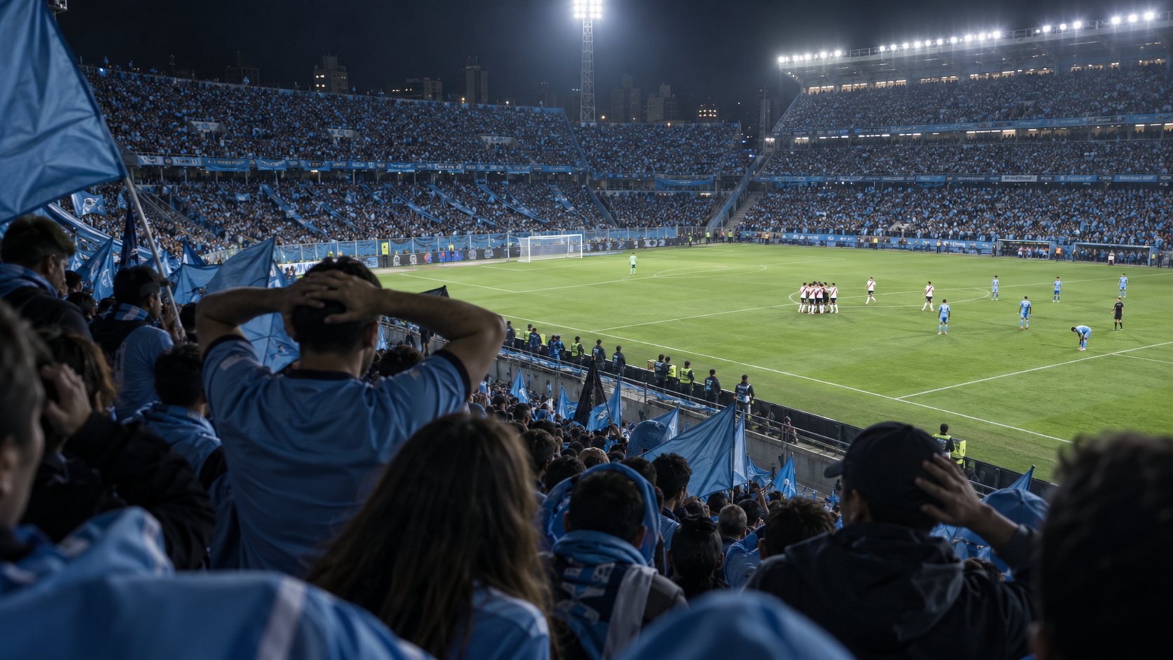 Ilustración editorial generada con IA: de noche, desde una tribuna colmada, hinchas con camisetas y banderas celestes se toman la cabeza mientras, en el campo iluminado, jugadores con camiseta blanca se abrazan a lo lejos; no es una fotografía del partido ni representa a personas reales.