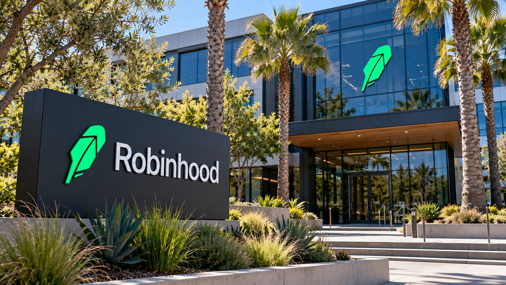 Ilustración editorial generada con IA: un cartel con el logo de la pluma y el nombre de Robinhood frente a un edificio de oficinas vidriado rodeado de palmeras, de día; composición representativa, no es una fotografía de la sede real de la empresa.