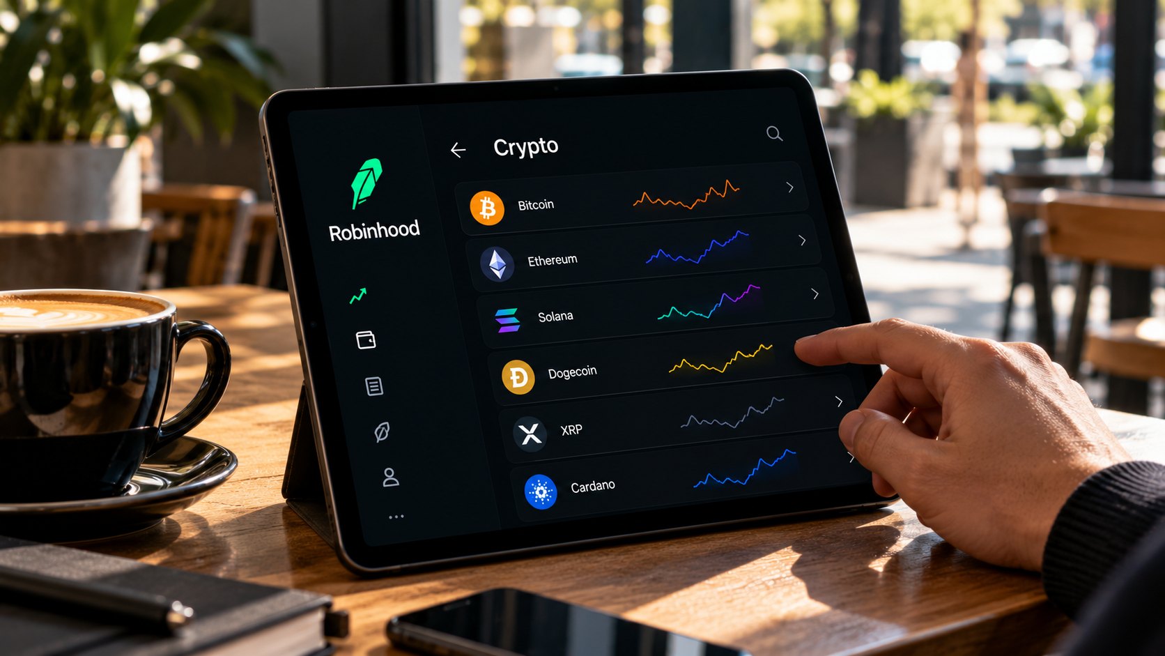 Ilustración editorial generada con IA: una mano recorre en una tablet la sección Crypto de la app de Robinhood, junto a una taza de café en la mesa de un bar; composición conceptual, no es una captura real de la aplicación.