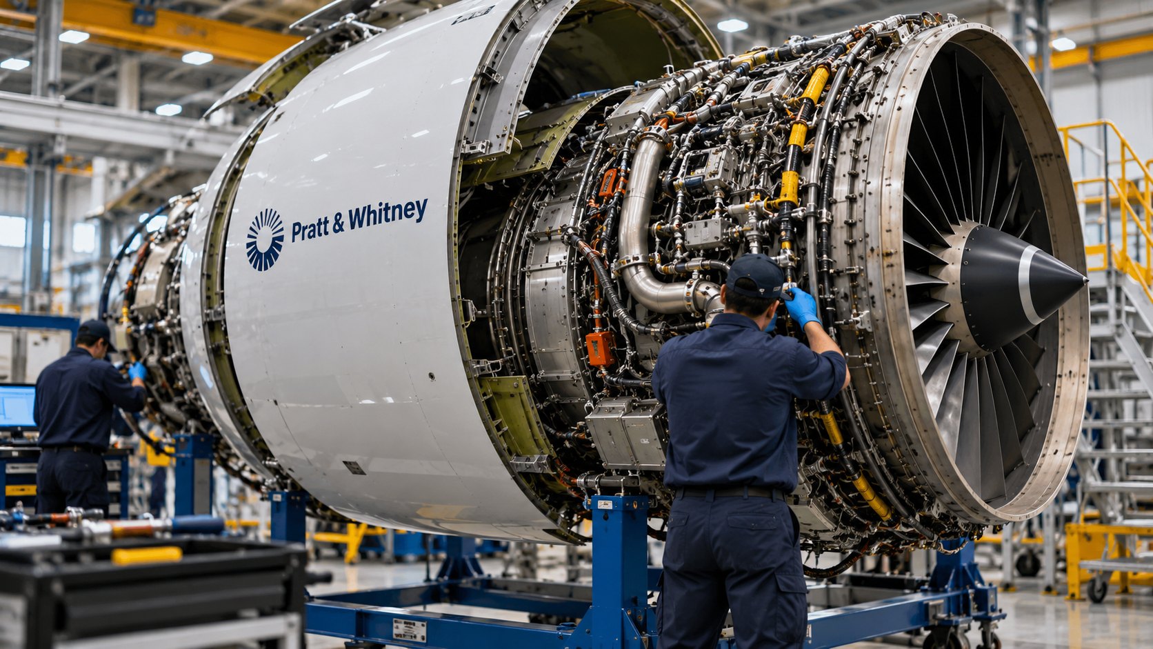 Ilustración editorial generada con IA: un motor turbofan de Pratt & Whitney abierto en un taller de mantenimiento, con técnicos trabajando sobre sus componentes; composición conceptual, no es una fotografía de una planta real.