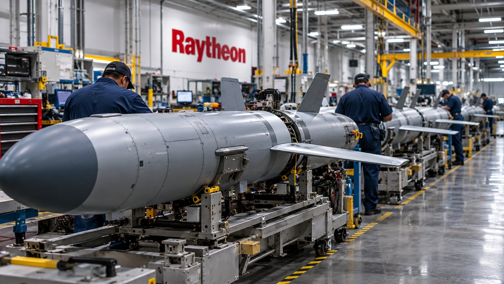 Ilustración editorial generada con IA: una línea de ensamblaje de misiles de crucero Tomahawk en una planta de Raytheon, con fuselajes grises alineados sobre soportes y operarios de espaldas; composición conceptual, no es una fotografía de una planta real.