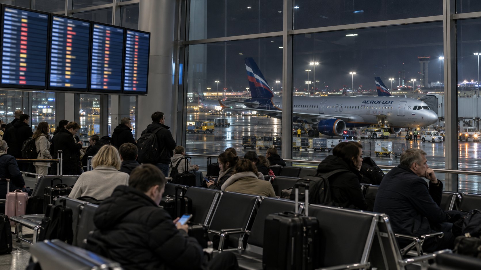 Ilustración editorial generada con IA: pantalla de salidas con vuelos demorados en una terminal del aeropuerto Vnukovo de Moscú, de noche, con pasajeros esperando; composición representativa, no es una fotografía del hecho.