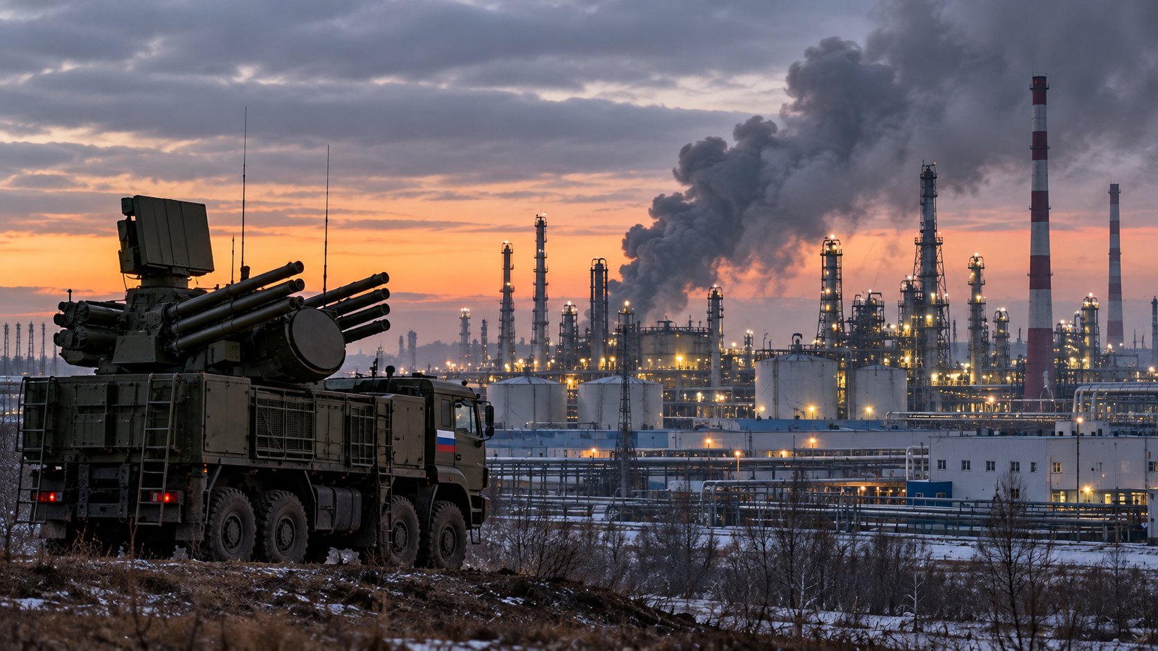 Ilustración editorial generada con IA: complejo químico industrial con chimeneas y columnas de humo al amanecer en los Urales, con un sistema antiaéreo en primer plano; composición representativa, no muestra la planta de Bashkir Soda.