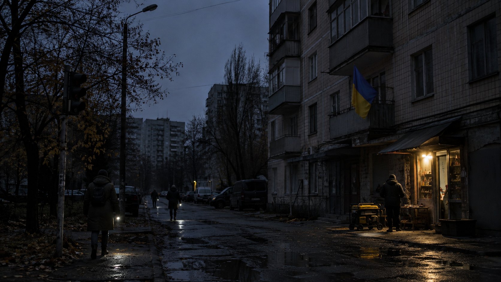 Ilustración editorial generada con IA: una calle residencial de Kiev sin luz al amanecer, con edificios de departamentos a oscuras, una bandera ucraniana en un balcón, vecinos de espaldas y un generador portátil frente a un comercio; composición conceptual, no es una fotografía del apagón.