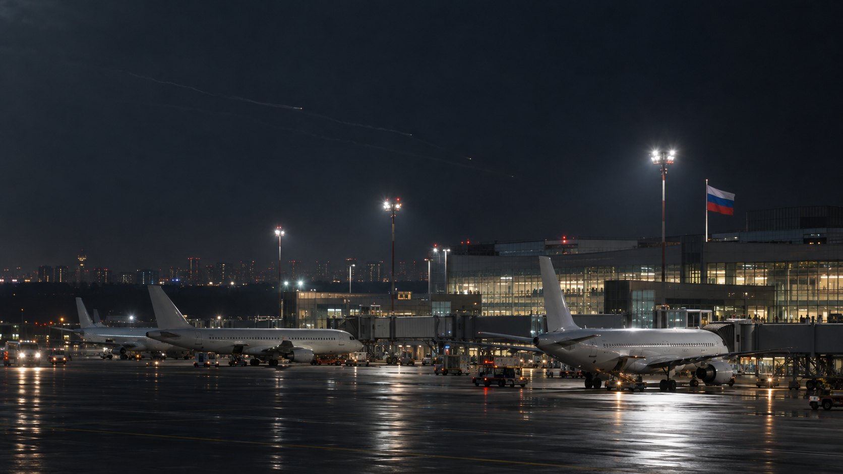 Ilustración editorial generada con IA: de noche, aviones de pasajeros detenidos en la plataforma de un aeropuerto de Moscú bajo la lluvia, con la terminal iluminada, una bandera de Rusia en un mástil y estelas lejanas en el cielo; composición conceptual, no es una fotografía del aeropuerto de Vnúkovo ni del cierre real.