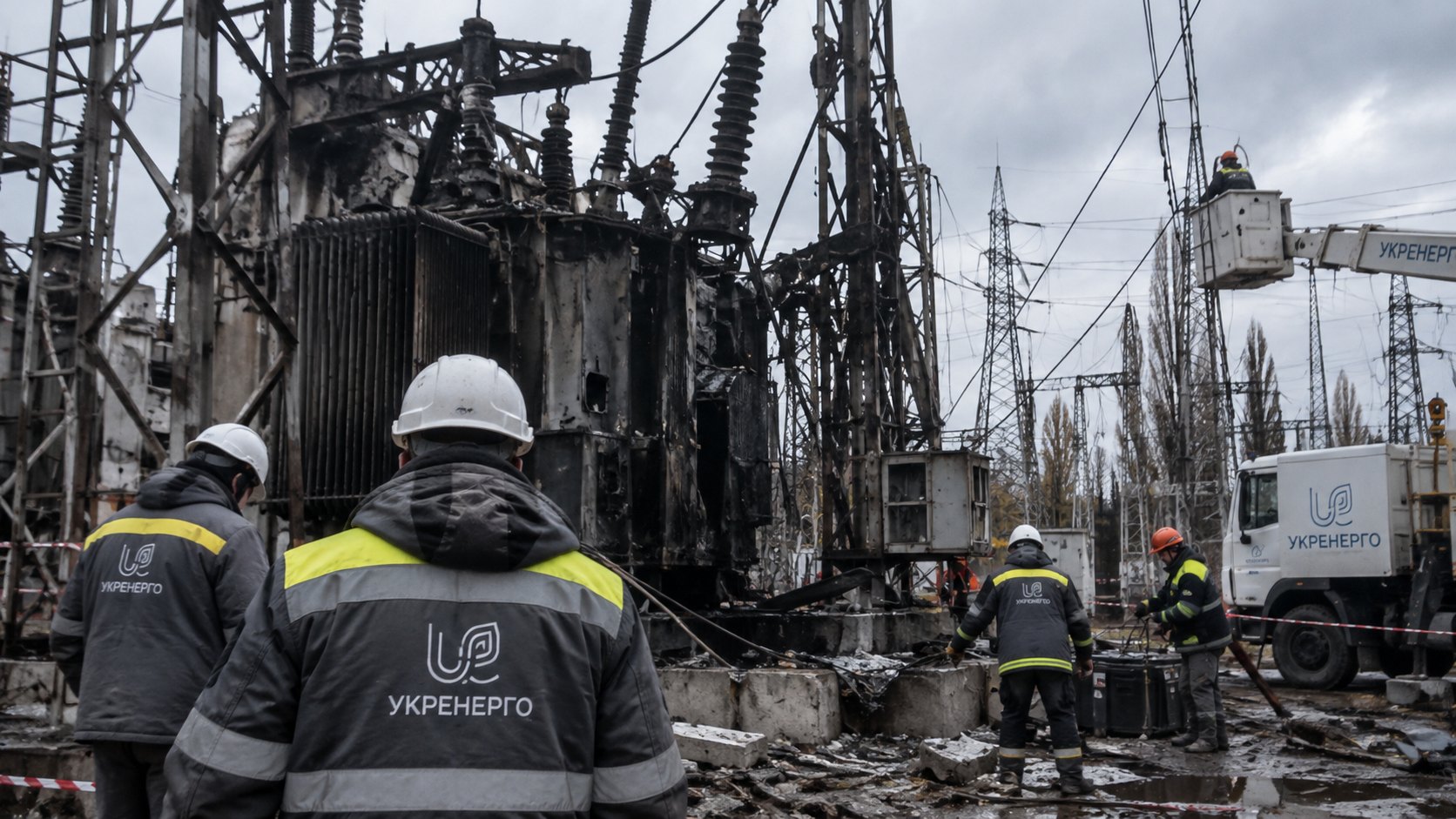 Ilustración editorial generada con IA: operarios con cascos blancos y chalecos con el logo de Ukrenergo trabajan junto a un transformador ennegrecido en una subestación eléctrica dañada, con una grúa y un camión de la empresa bajo un cielo gris; composición conceptual, no es una fotografía de una instalación real.