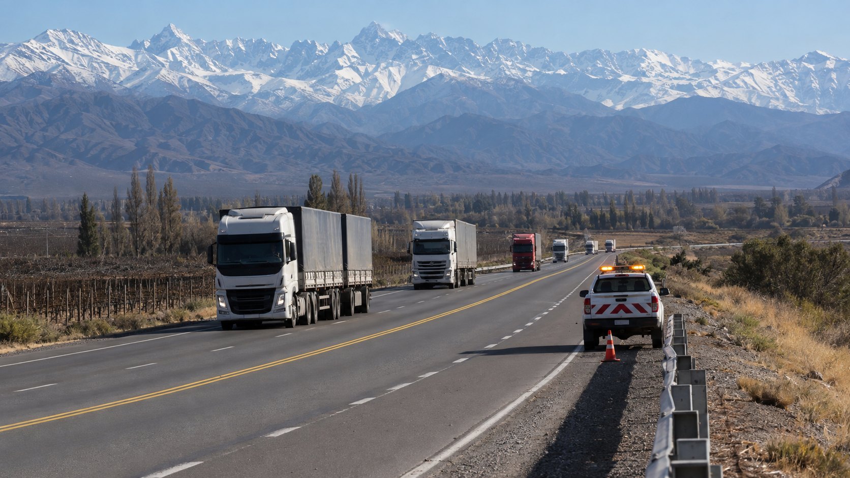 Ilustración editorial generada con IA: camiones circulan por la RN 7 en Mendoza entre viñedos, con la cordillera de los Andes nevada al fondo y una camioneta de mantenimiento vial con balizas detenida en la banquina; composición conceptual, no es una fotografía del lugar.