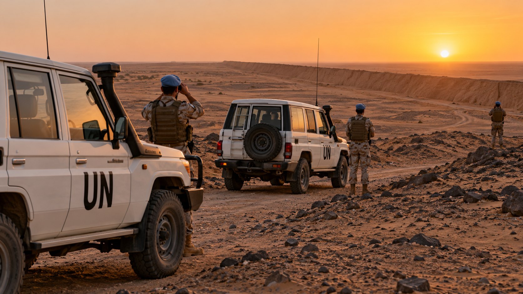 Ilustración editorial generada con IA: dos camionetas blancas con las letras UN y observadores militares con boinas celestes, de espaldas, en una pista del desierto del Sahara Occidental junto a un terraplén de arena al atardecer; no es una fotografía de la misión.
