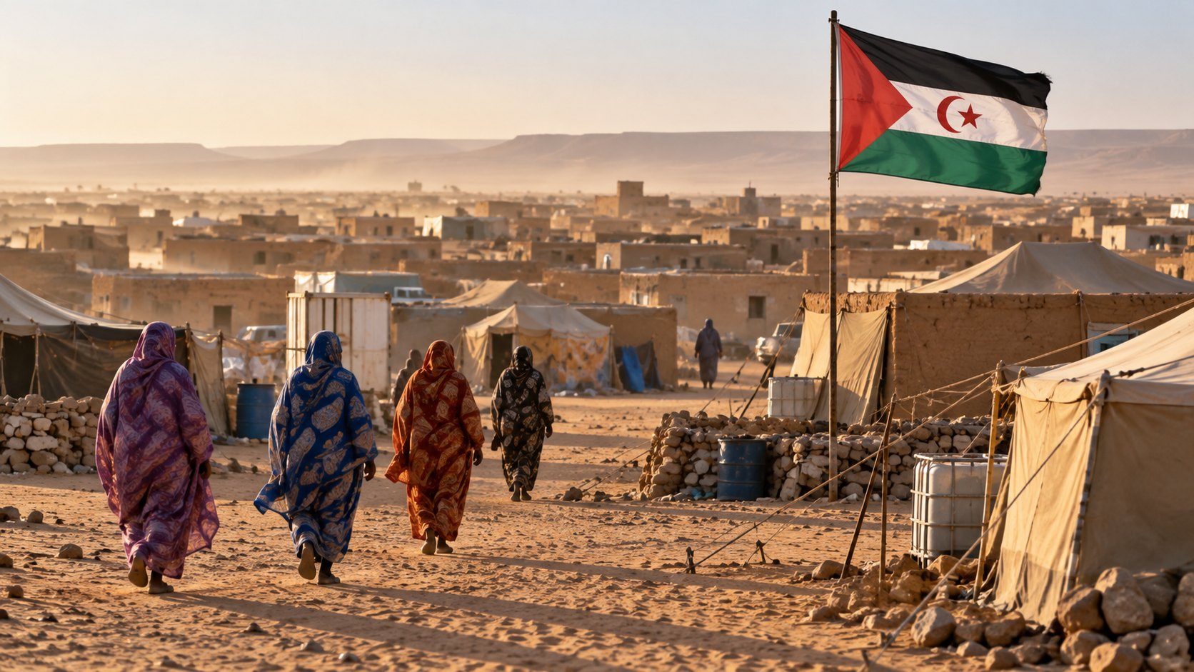 Ilustración editorial generada con IA: mujeres saharauis con melhfas de colores caminan de espaldas entre casas de adobe y jaimas de un campamento de refugiados en Tinduf, bajo una bandera saharaui; no es una fotografía de un lugar o momento específico.