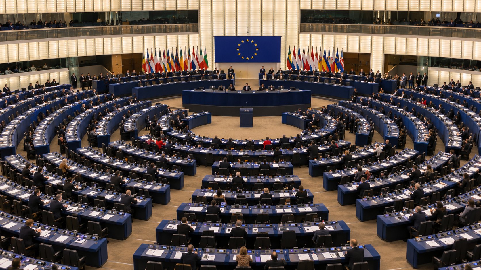 Ilustración editorial generada con IA: el hemiciclo del Parlamento Europeo en Estrasburgo durante una sesión plenaria, visto desde lo alto, con las bancas azules en semicírculo, las banderas de los Estados miembros y la de la Unión Europea detrás del estrado; composición conceptual, no es una fotografía de la sesión real.