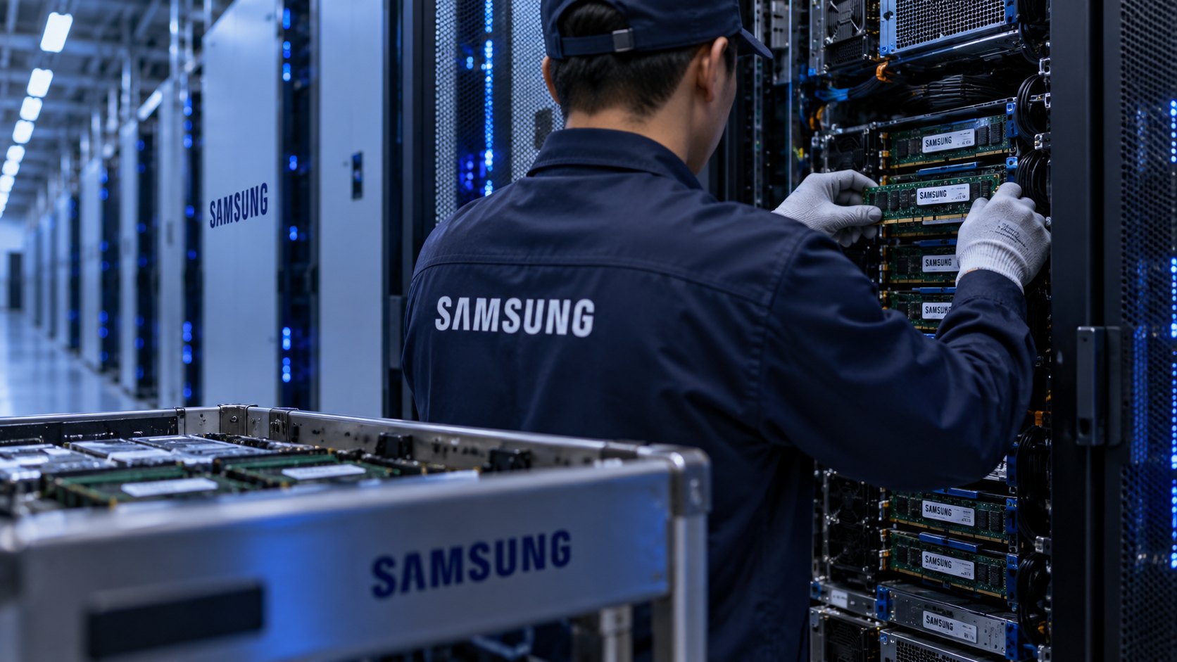 Ilustración editorial generada con IA: un técnico de espaldas con campera de Samsung instala módulos de memoria con etiquetas de Samsung en un rack de servidores de un centro de datos iluminado en azul; composición conceptual, no es una fotografía de una instalación real.
